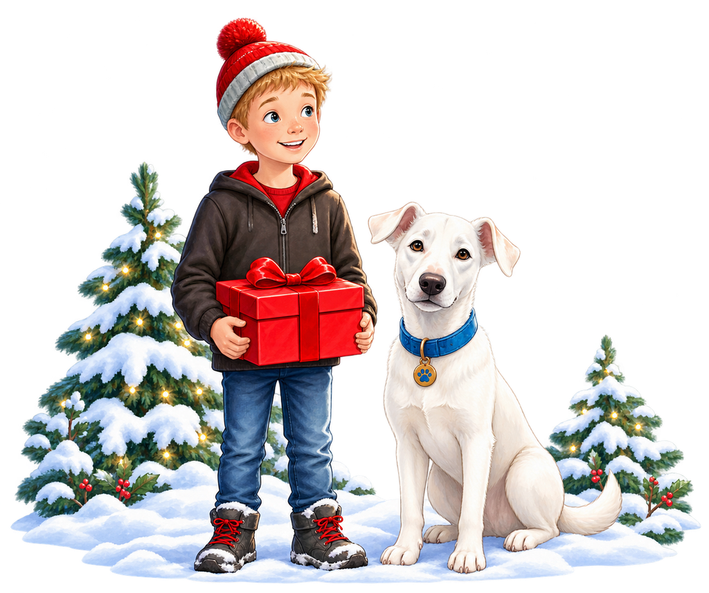 Freddie holding a red Christmas present next to Buddy in the snow