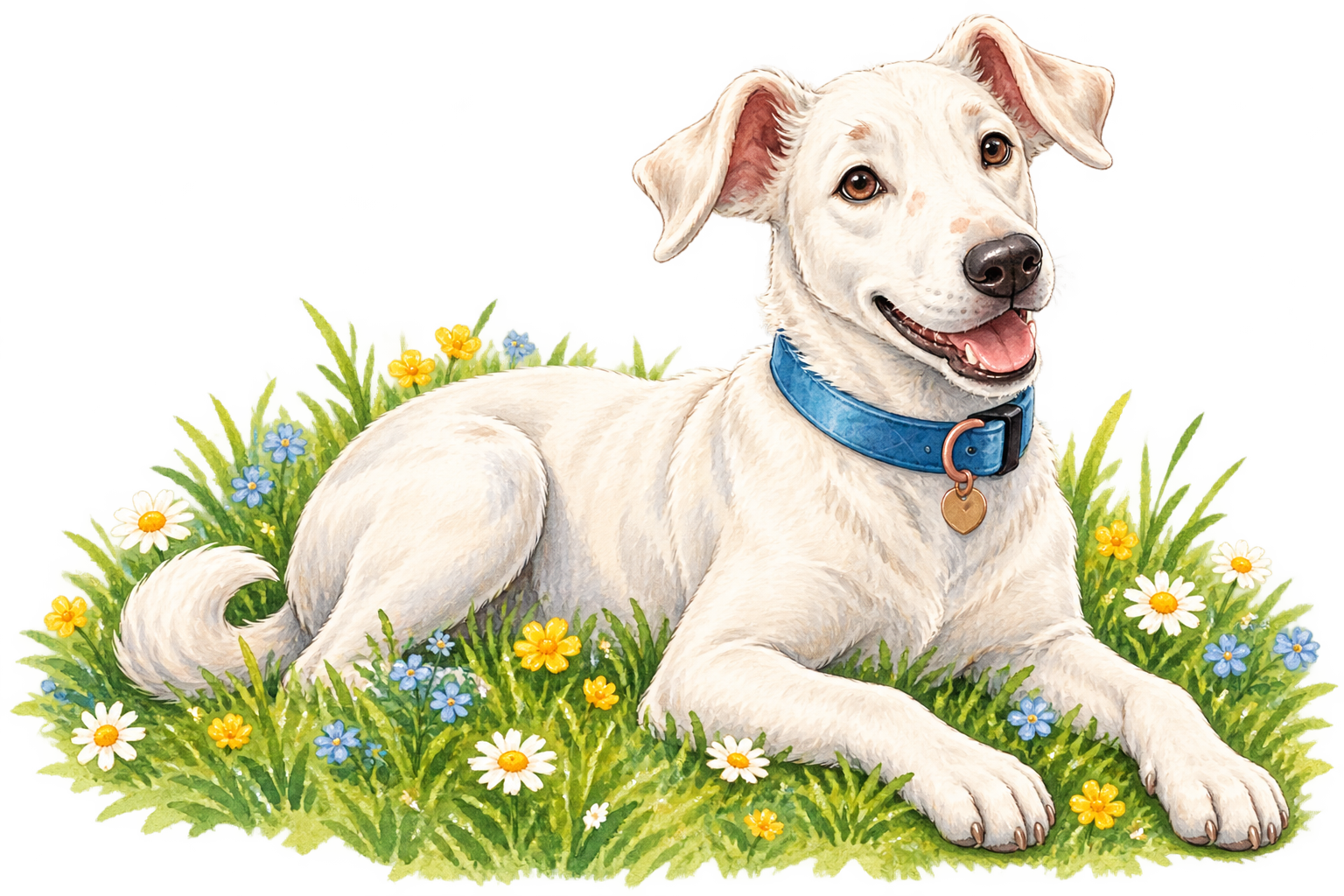Illustration of Buddy the white dog resting in a wildflower meadow
