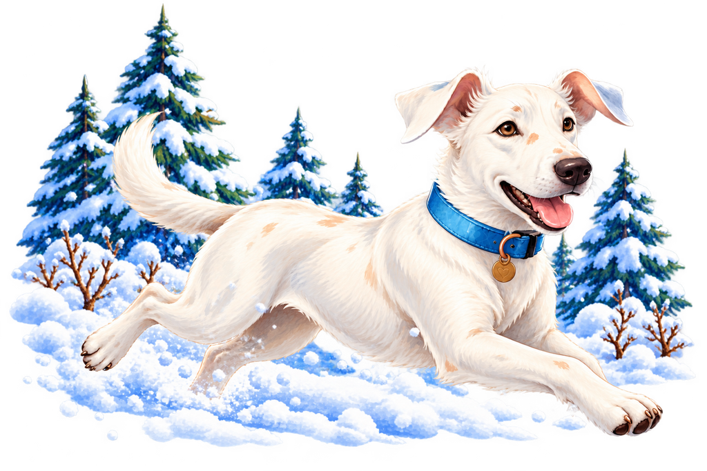 Buddy running happily through the snow