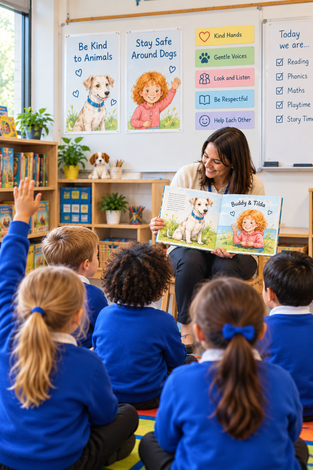 Teacher reading Buddy & Tilda to a Year 1 class sitting on the carpet