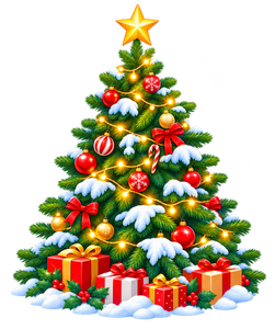 Snowy Christmas tree with presents and lights